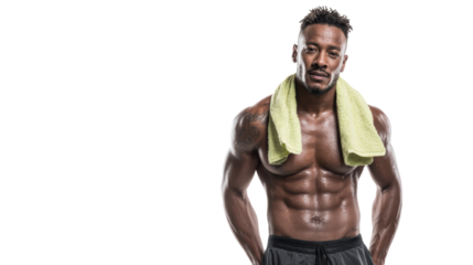 Athlete with towel, showcasing muscular physique on isolated background.