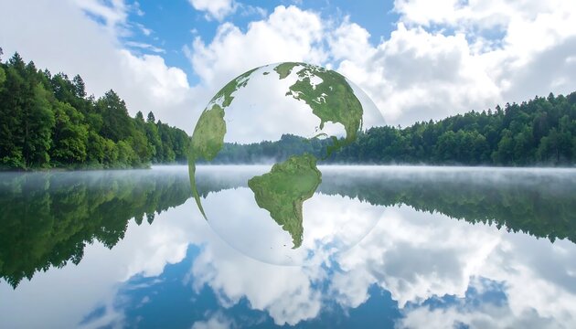 Earth globe over a serene lake, forest backdrop