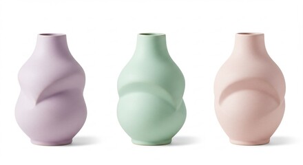 柔らかな光が優しく当たるパステルカラーの有機的な花瓶三つ 曲線が美しいモダンなデザインが空間に穏やかな彩りを添える