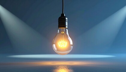 A single traditional incandescent lightbulb glows brightly with its filament illuminated, casting a warm reflection on a dark surface.