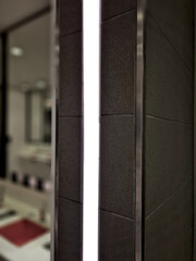 frame molding door jamb in bathroom. light strip recessed between entrance tiles