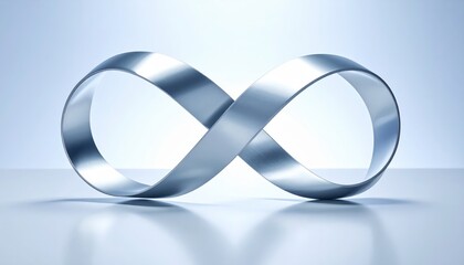 A sleek metallic infinity symbol rendered with smooth curves and reflections against a soft white background representing endlessness