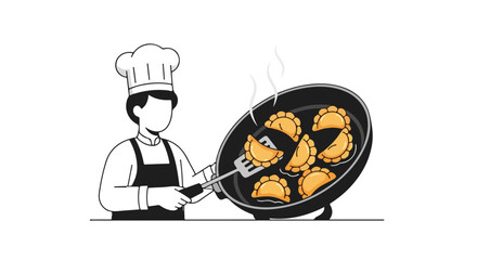 Illustrative scene of a chef preparing empanadas in a skillet, showcasing culinary arts with a simple design portraying domestic cuisine production