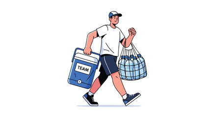 Team support concept: Animated character carrying supplies for a sporting event or practice session featuring a cooler and bag full of water bottles