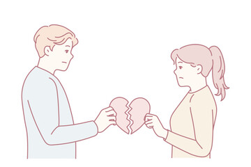 Unhappy couple holding broken heart suffer after breakup or split. Upset man and woman break up relationships. Love end and family divorce. Vector illustration.