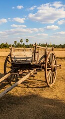 Vintage wooden bullock cart on a golden field in Bagan Myanmar during sunset
