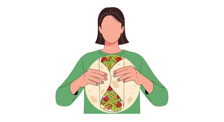 Illustration of a woman holding a large burrito filled with fresh ingredients and vibrant colors a culinary illustration for a blog or website