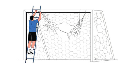 Illustration depicting a man on a ladder repairing a damaged soccer goal net using skill and agility, showing the process of equipment upkeep and