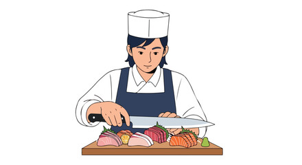Illustrative depiction of a chef meticulously slicing fresh fish for sushi preparation, showcasing culinary skills and food preparation artistry