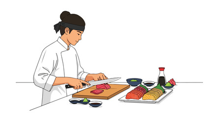 Expert sushi chef skillfully preparing fresh fish for a delectable culinary experience, showcasing precision cutting techniques and the art of