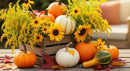 Autumnal bounty: Pumpkins and golden blooms for a seasonal display