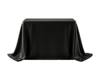 Rectangular display pedestal, covered in luxurious black fabric with soft drapes and organic folds, isolated on a pristine transparent background with copy space, elegant presentation concept