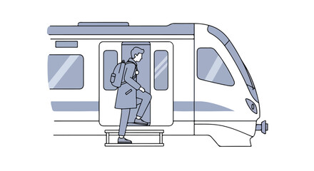 Illustration depicting a commuter boarding a modern train with a backpack for his daily journey in a minimalist style, emphasizing public transit