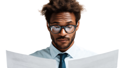 Businessman reading document, serious expression, office setting, white isolate background.