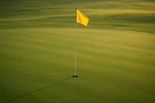 Close-up of yellow flag on golf course green with hole, creating a peaceful and focused golf environment.