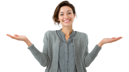 Cheerful woman with outstretched arms, smiling against a white background, expressing joy and openness.