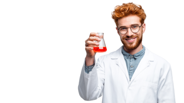 Chemist holding a red liquid in a laboratory flask, smiling, wearing safety glasses and a lab coat.