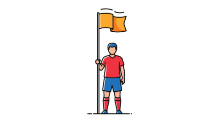 Cartoon illustration of a goal-oriented soccer player holding a vibrant yellow flag atop a pole on a white canvas