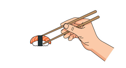 Elegant illustration of a hand holding sushi with chopsticks ready to savor delicious flavors Japanese cuisine delight minimal design aesthetic
