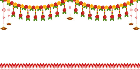 Vector illustration of beautiful marigold flower garland with diya on transparent background