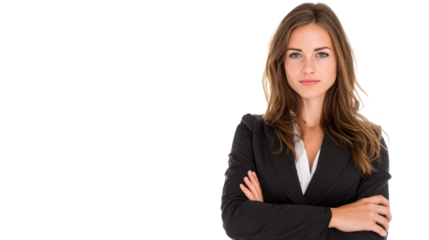 Confident business woman with crossed arms, isolated on white background.