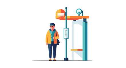 A young man waiting at a brightly colored bus stop for transportation on a journey in the city