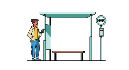 Urban commuter at bus stop checking transit app on her smartphone in a modern flat style illustration scene