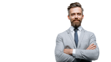 Confident businessman in gray suit with arms crossed, isolated on white background.