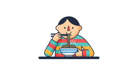 A Delightful Meal: Cartoon Man Enjoying a Bowl of Steaming Noodles with Chopsticks, Illustration, Fresh and Fun Vibe