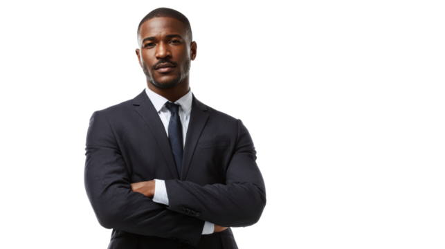 Confident businessman in a suit, arms crossed, isolated on a white background.
