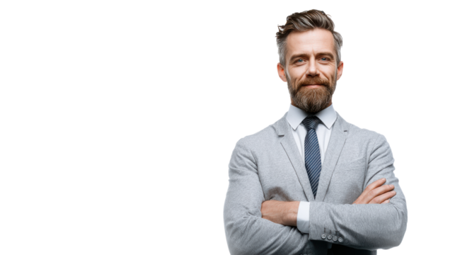 Confident businessman in gray suit with arms crossed, isolated on white background.