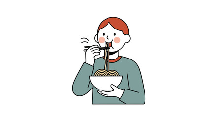 Delightful noodle indulgence: A charming cartoon depiction of a person joyfully savoring a bowl of noodles with chopsticks in a minimalist style
