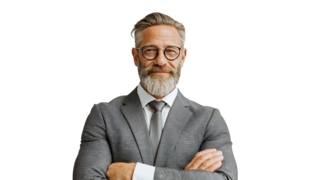 Confident businessman with glasses, wearing a suit, posing with crossed arms on a white background.