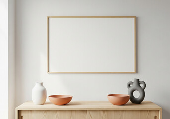 Minimalist interior scene with empty frame and decorative vases on wooden cabinet