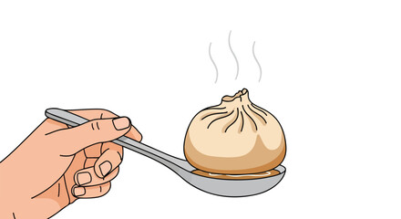 Hand delicately holding a steaming soup dumpling on a spoon, ready to be savored in a culinary experience showcasing food art