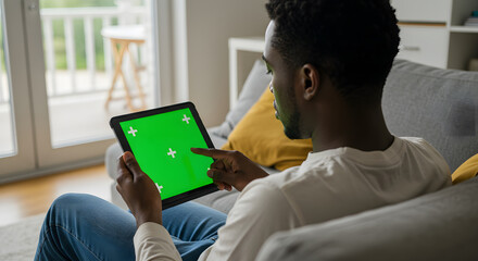 Man Using Tablet with Green Screen on Sofa at Home