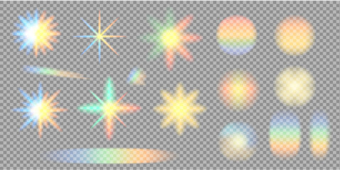 Set of glowing rainbow light star effects with prism reflections on transparent background. Colorful crystal glare. Crystal rainbow reflection. Perfect for overlays, digital design, and decoration