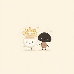 Fototapeta premium Cute Couple of Cartoon Characters with Plant and Mushroom in Love