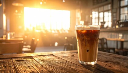 A tall glass of iced coffee sits on a rustic wooden table with warm sunlight streaming through a cafe window in the background