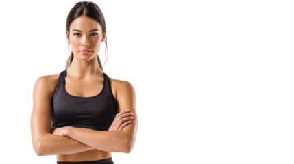 Confident woman in athletic wear with arms crossed against a white background.