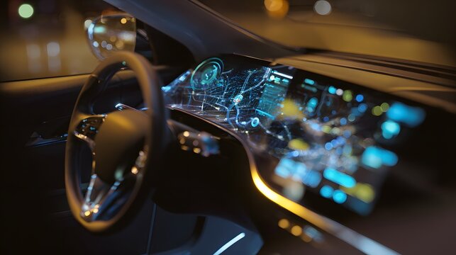 Futuristic smart car interior with glowing dashboard showcasing autonomous driving data and navigation maps