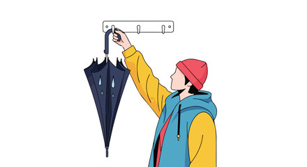 Illustrated character hanging a wet umbrella on a wall hook after a rainy day out for safety and security