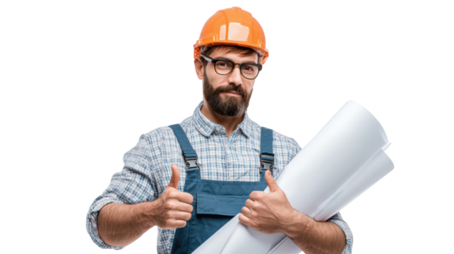Construction engineer with blueprints gives a thumbs-up, wearing safety gear, white isolate background.
