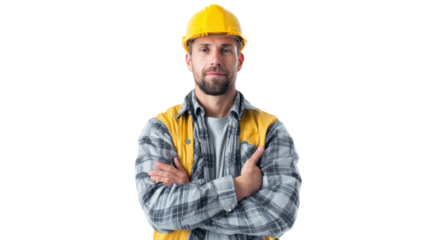 Construction worker in safety gear, arms crossed, confident expression, isolated on white background.
