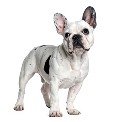 Fototapeta premium A white and black French Bulldog stands against a white background