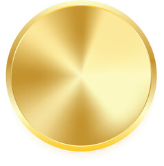 Golden metallic circle with shiny gradient effect, isolated on transparent background. Elegant round gold button design, perfect for medals, coins, badges, luxury branding, and digital templates