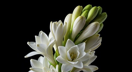 Close-up of a blooming white Tuberose flower with green buds against a black background