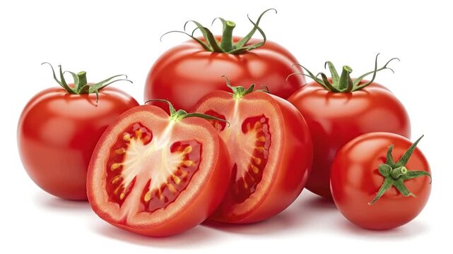 Five red tomatoes one cut in half with green stems on a white surface