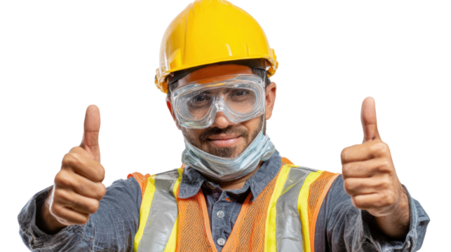 Construction worker with thumbs up, yellow helmet, glasses, smiling against white background.
