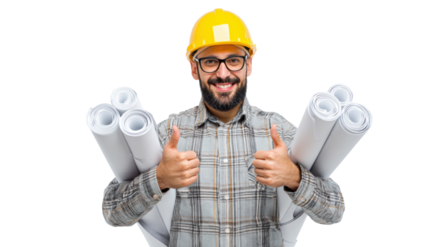 Construction worker with blueprints, smiling and giving thumbs up, isolated on white